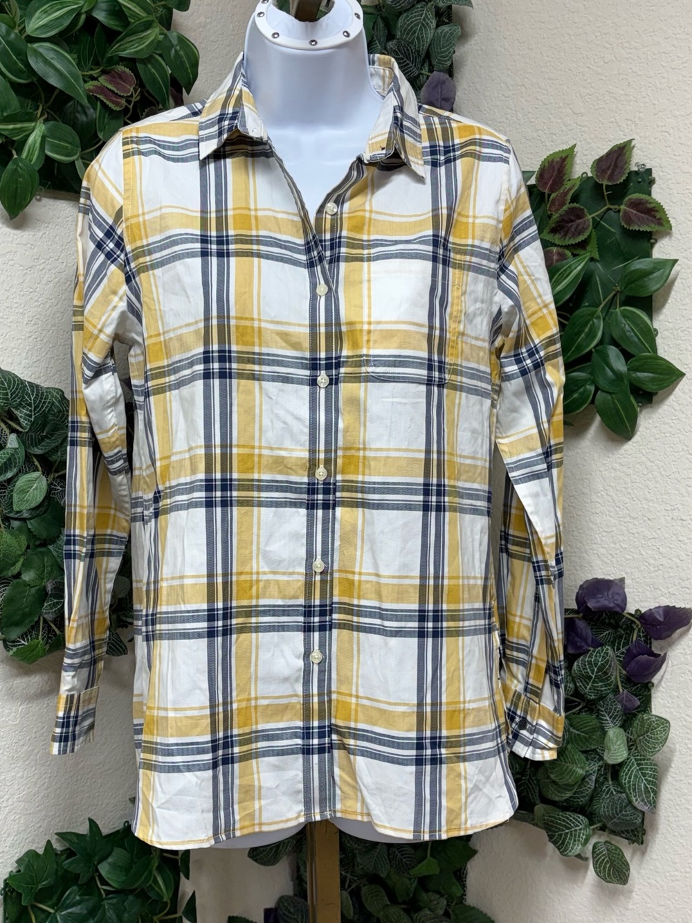 Barbour Newton Plaid Button Down Shirt Yellow Navy Preppy Coastal Size 4 - Picture 2 of 9
